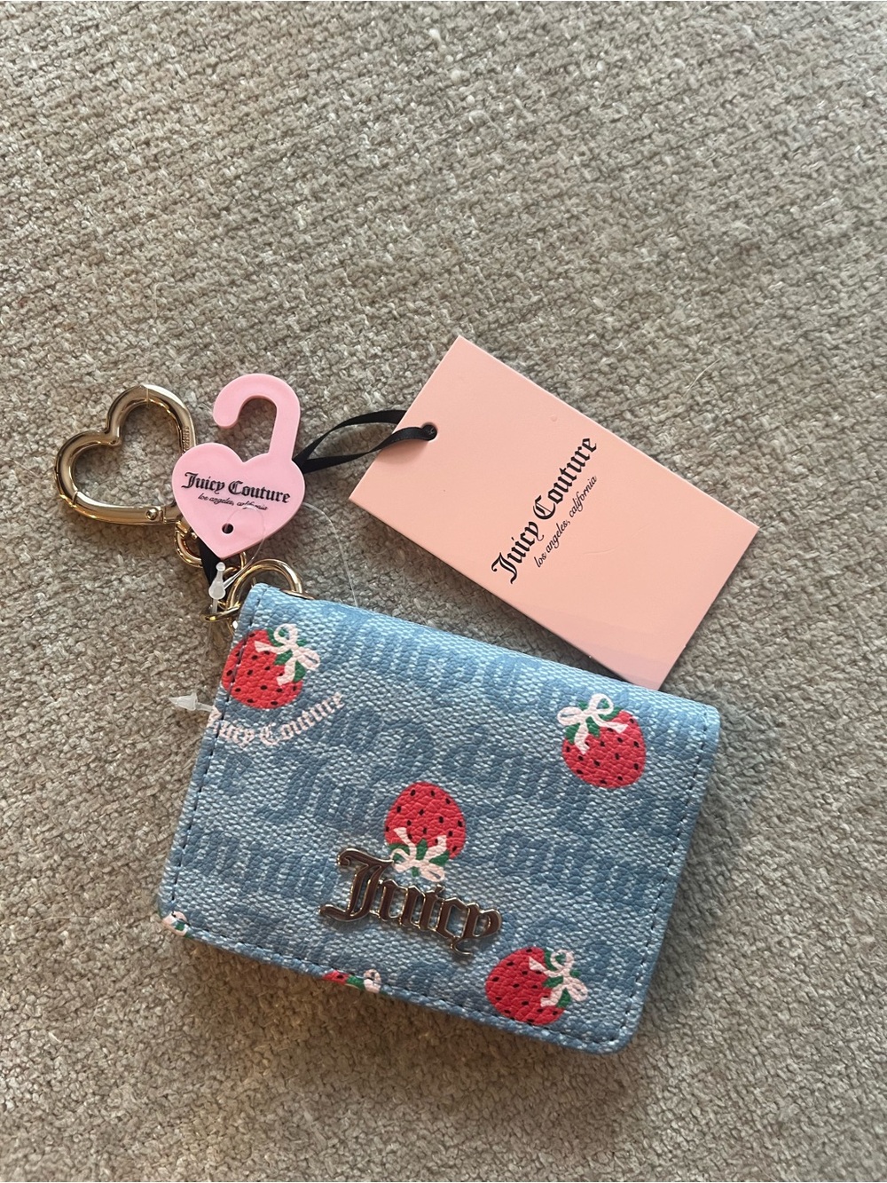 Juicy Couture Blue Strawberry Card Holder with Gold Heart Keychain